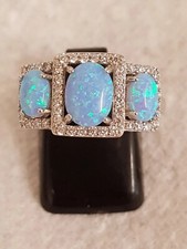 Gorgeous 925 Sterling Silver Synthetic Blue Opal & CZ 3-Stone Ring Size O1/2