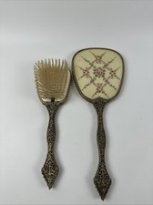 Regent of London Antique Vanity Dresser Set Mirror Hairbrush Brass Cross Stitch