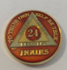 24 Hours AA Sobriety Coin Medallion Mandarin Red Enamel Recovery Chip "One Day"
