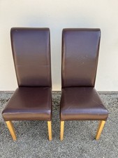 Dining Chairs Pair Rollback Brown Leather With Wooden Legs