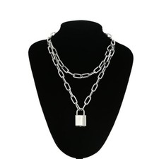 Trendy Women Men Double Layer Padlock Pendant Chain Necklace Party Hip pop Lock