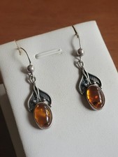 VINTAGE STERLING SILVER & AMBER LONG DROP EARRINGS