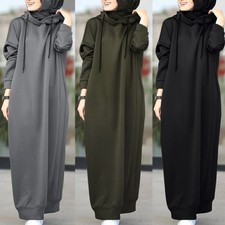 Women's Hoodie Abaya Jilbab Muslim Long Sleeve Sweater Loose Maxi Dress Tops New