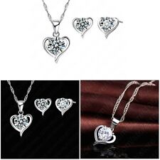 Women's 925 Silver Heart & Love Crystal Pendant Necklace & Earring Jewellery UK
