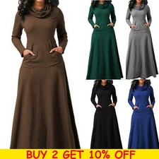 Womens Casual Pocket Maxi Dress Ladies Long Sleeve High Neck Pullover Dresses