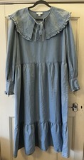Warehouse Light Blue Denim Peter Pan Frill Collar Midi Dress Size 16
