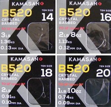 Kamasan B520 Spade End Barbed Fishing Hooks To Nylon - Sizes 14, 16, 18, 20