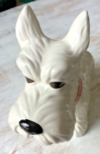 White Scottie Dog Moneybox with Tartan Scarf  Pottery Animal Figure 7.5 inches
