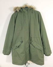 M&S Parka Size 14 Fur Lined with Hood Warm Coat Khaki - Immaculate