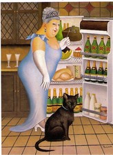 BERYL COOK ~ "PERCY at THE FRIDGE" - BLACK CAT ~TOMMY ~LARGE MOUNTED PRINT ~B/L