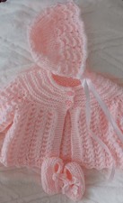 Hand Knitted  BABY Girl Matinee Set with Bonnet and Ballet Pumps 0-3 Months NEW