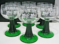 6x Large 1970's Beehive Green Stemmed White Grapevine Wine Hock Glasses-Luminarc