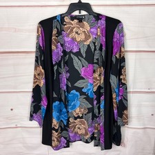 Antthony Design Jacket Womens XL Black Floral Open Front Knit Panel Long Sleeve