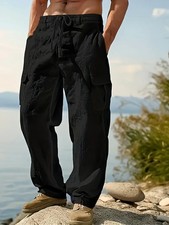 Men's Casual Linen Trousers with Pockets and Drawstring Waist, Comfortable