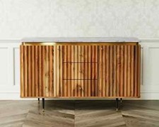Natural Solid Acacia Fluted Wood Sideboard Storage Cabinet With Real Marble Top