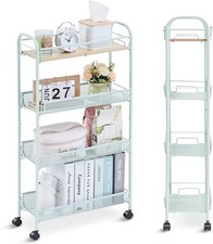 KINGRACK 4-Tier Slim Rolling Cart with Wooden Tabletop, Metal Utility Cart, Easy
