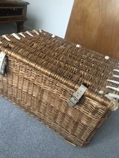 Vintage Wicker Basket, Storage Chest, Log Box with Leather Straps Large