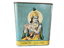 Vintage Lord Krishna Guru Pilgrim Deity Cobra Indian Food Tin Large Rare Find