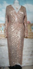Evening Dress 18 Gold Sequin QUIZ Ballgown Wrap Style Long Sleeve Stretch Prom