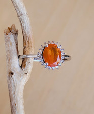 Natural Mexican Fire Opal & White Zircon Halo Ring Sterling Silver Size 9