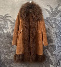 Vintage Real Suede Afghan Coat Tan Fur Penny Lane 70s Jacket Boho Y2K 14 16