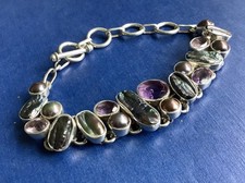 Sterling Silver 925 chunky Bracelet purple Amethyst & Real Pearls ~ Heavy 28g