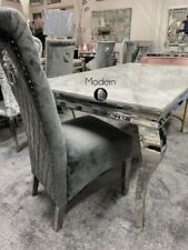 Louis Grey Marble Dining Table 1.5m Chrome Leg & x6 Grey Scroll Back Chairs