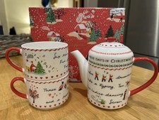 Cath Kidston 12 Days Of Christmas Tea Pot & 2 Cups Brand New