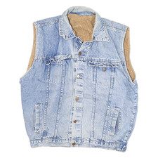 Mens Blue Cotton Blend Denim Jacket L Button Plain Sleeveless Casual Style