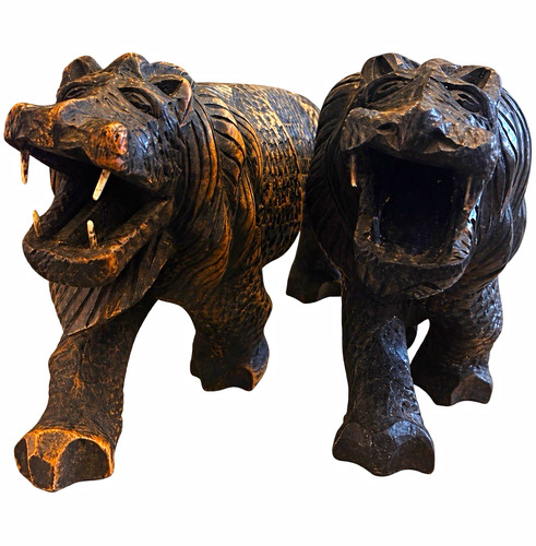 Pair carved wooden lion - of,