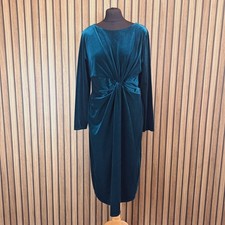 Roman Velvet Dress 16 Green Long Sleeve Ruched Below Knee