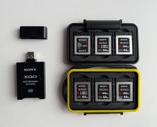 Set of SIX Sony 64GB XQD G Series Memory Cards with Pelican clamshell and reader