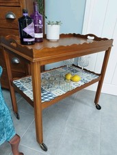Antique Tea Drinks Trolley on Wheels With Ceramic Tiles And Removable Tray VGC 