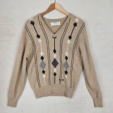 Vintage Pringle Sports Mens Jumper Medium 38" Beige Wool Argyle V-Neck Diamond