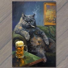 Art Print Fat Cat Drinking Beer Smoking Lounge Chair Unusual Cute Fun Feline
