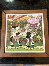 Vintage Gailstyn-Sutton Tile Trivet Cow Wood Framed Kitchen Wall Hanger 1980s