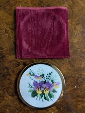 Pretty Vintage Ladies Compact Mirror with Floral Embroidery on Reverse