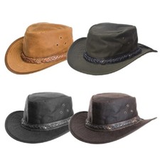 Waxed Cotton Fedora Aussie Bush Hat Braided Leather Trim Brown Olive Black Tan