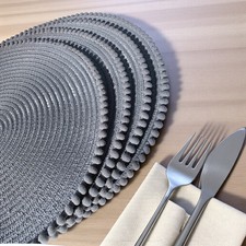 Dark Grey Round Pom Pom Placemats Set Of 4 Table Mats Dining Tableware 38cm