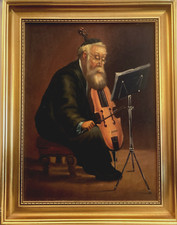 Cello Player  framed signed oil on canvas painting
