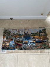 Completed  vintage tapestry, boats, estuary, maritime scene