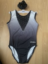 Quatro Girls Gymnastics Leotard, Size CLA, 30” Black/grey/white, Hair Scrunchie
