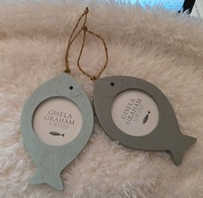 Two Gisela Graham Wooden Fish Photo Frames Nautical Theme Blue And Grey