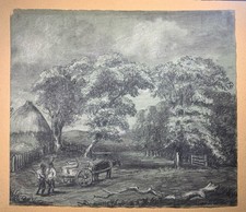Horse & Cart & Figures Landscape Scene - Charcoal Drawing - 19th Century