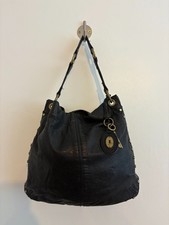 LADIES FOSSIL BLACK LEATHER GOLD STUDDED SLOUCH BOHO HOBO SHOULDER GRAB BAG 