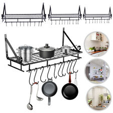 45/60/90cm Kitchen Pan Pot Rack Wall Mounted Hanging Storage Shelf w/10 Hooks