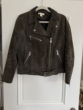 H&M Women’s Brown Khaki Genuine Suede Leather Biker Jacket Size 10 Moto Style