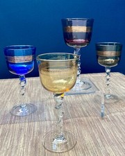 Vintage French Multicoloured Crystal Gilded Goblets Twisted Stems - Set of Four