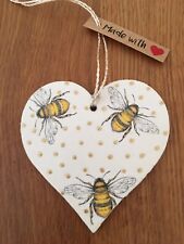 SHABBY CHIC Decoupage Wooden Hanging Heart 8cm Bumble Bee Gift Tag Keepsake