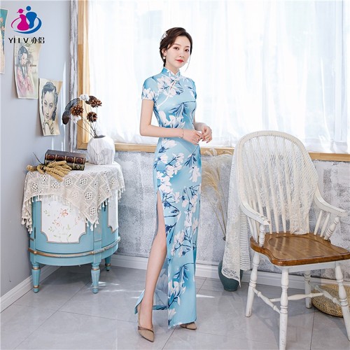Sky blue floral qipao - qipao, dress